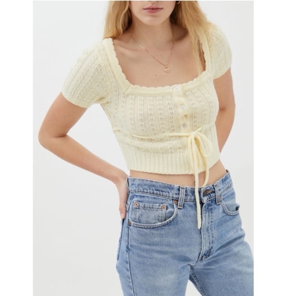 Urban Outfitters Holly Button Front Cream Sweater Short Sleeve Knit Top Large